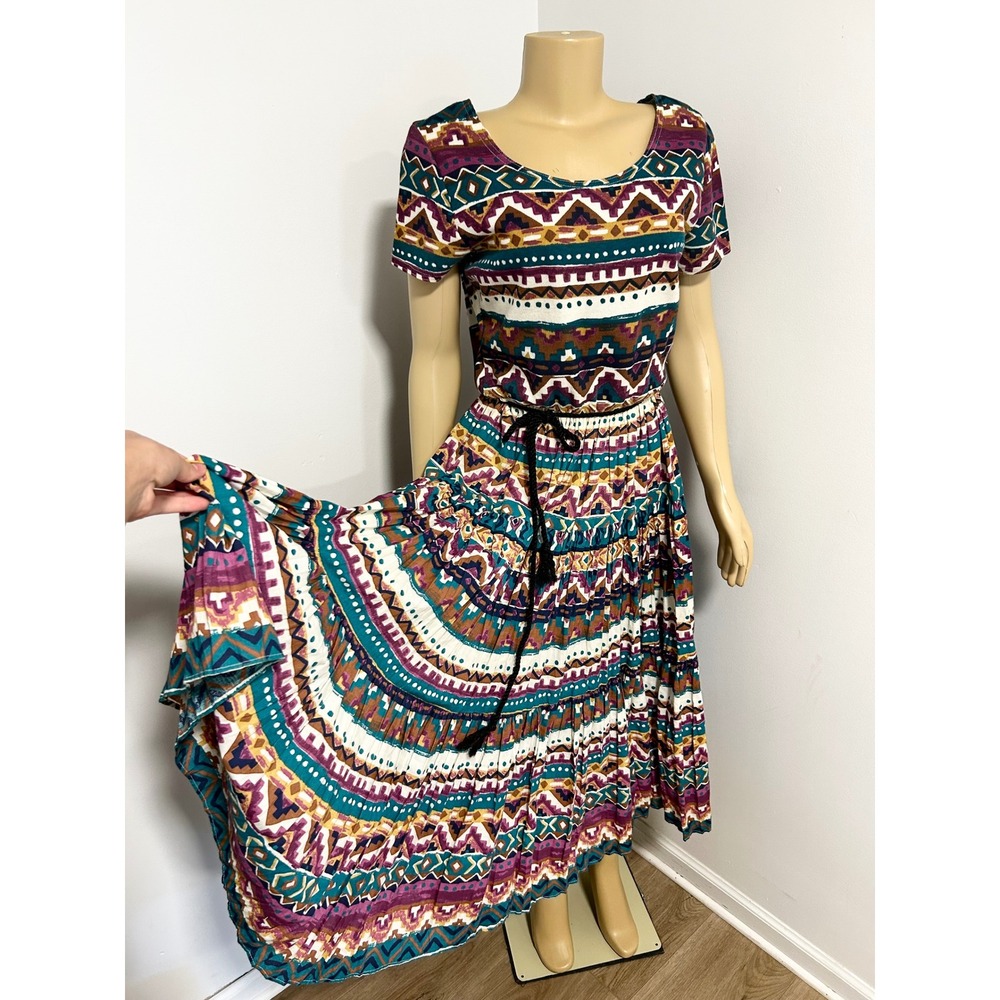 Vintage Blue Southwestern Geometric Midi Dress Short Sleeve Tiered Skirt XL 12